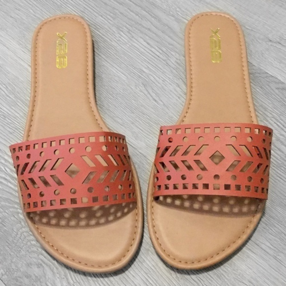 NWT Orange Tan Geometric Cutout Slide Sandals New